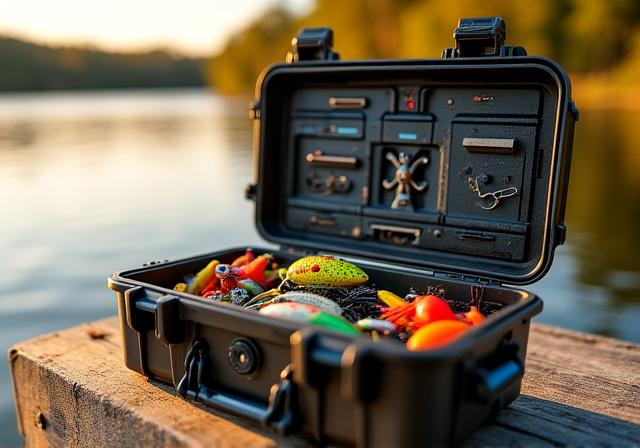 Close up of professional fishing tackle box with lures