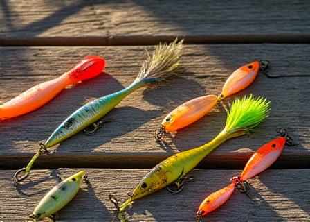 Variety of colorful fishing lures on a wooden dock