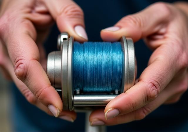 Close up hands spooling a baitcasting reel with braided line
