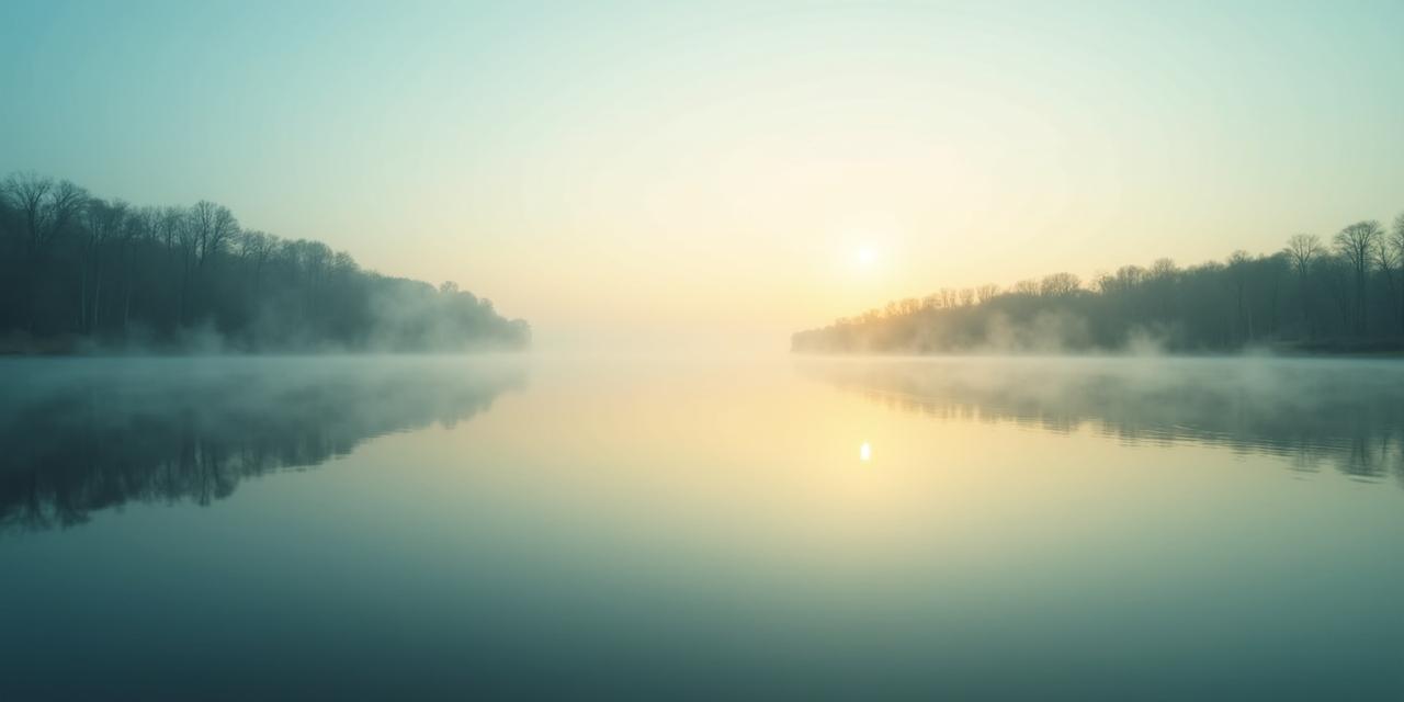 Serene foggy lake at sunrise in spring